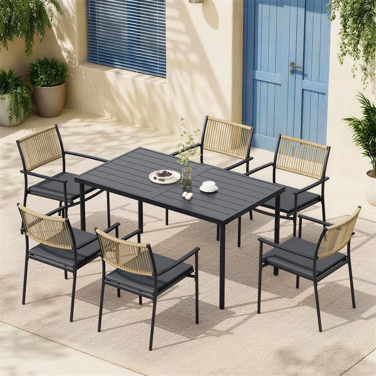 Huitt 7-piece Outdoor Patio Dining Set, 6 Dining Chairs & Table, Teak Finish, All-weather