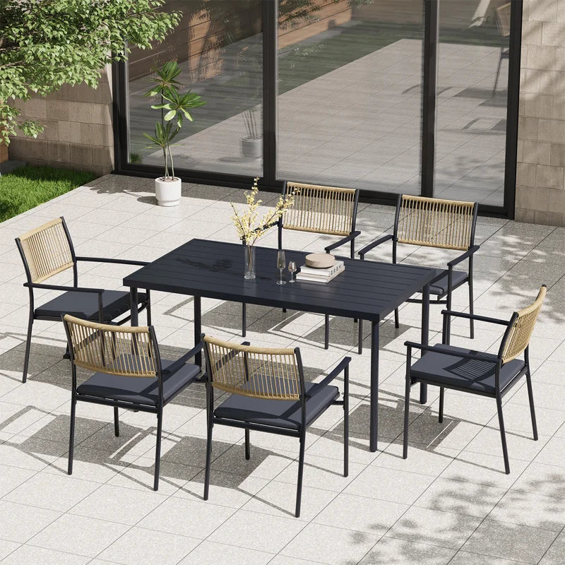 Huitt 7-piece Outdoor Patio Dining Set, 6 Dining Chairs & Table, Teak Finish, All-weather
