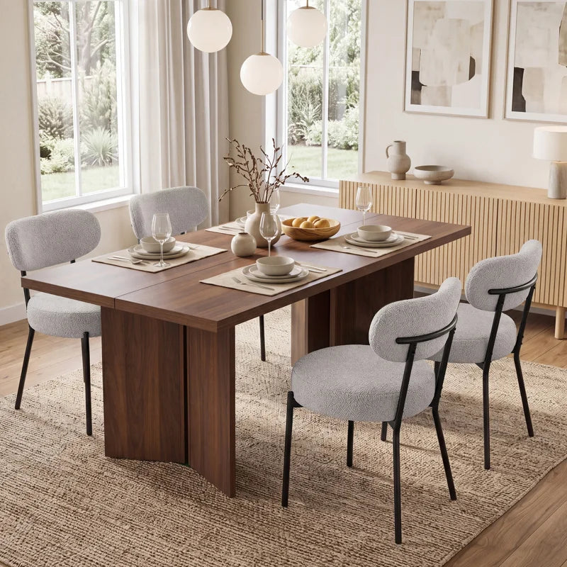 Imala 63-Inch Rectangular Wood Dining Table Set with 4 Bouclé Sherpa Upholstered Chairs